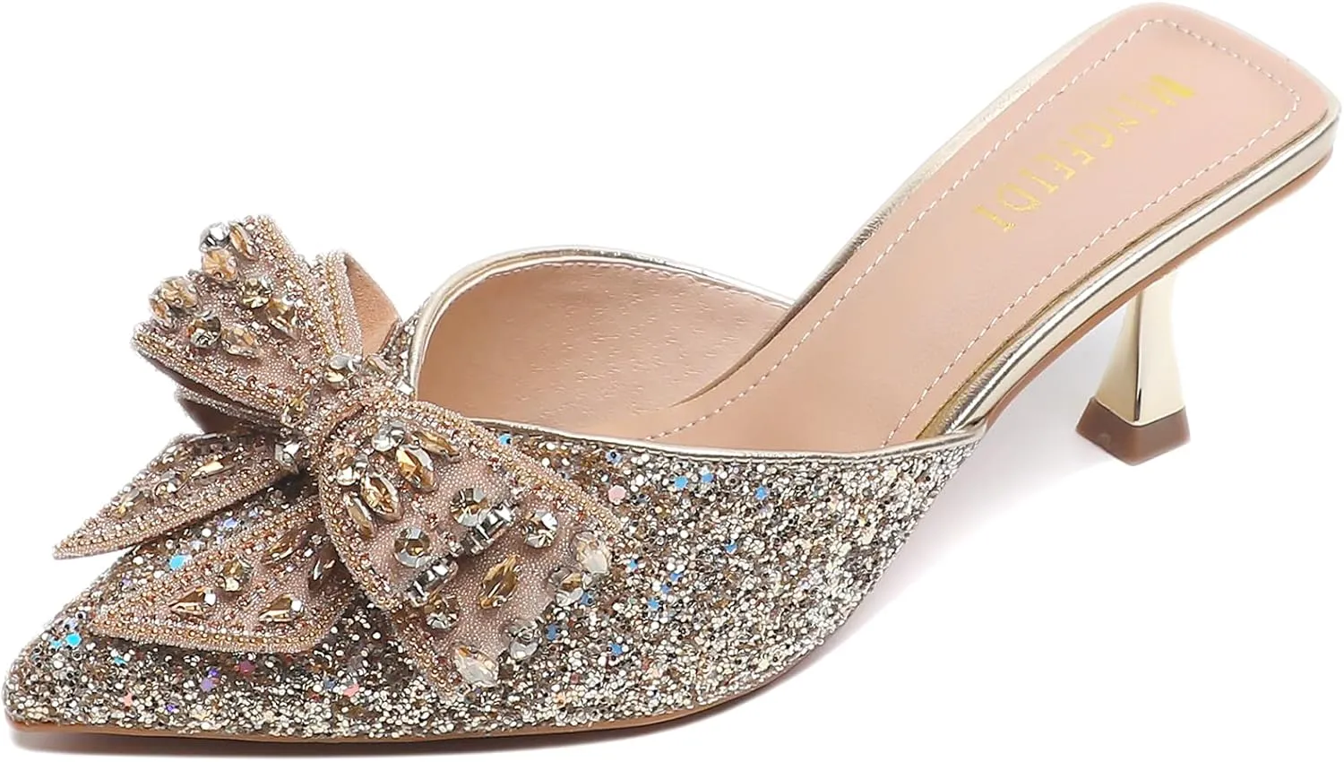Women's Sparkling Rhinestone Bow Kitten Heel Mules Fashion Closed Pointed Toe Slip On low heel Backless slingback slides Sandals for Wedding Bridal Party Dress