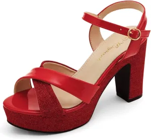 Womens Sparkly Platform Dress Sandals for Women Chunky Block Heel 3.8 Inch High Heels Open Toe with Strap for Women Comfortable Sexy Dressy Prom Wedding Party Evening Shoes
