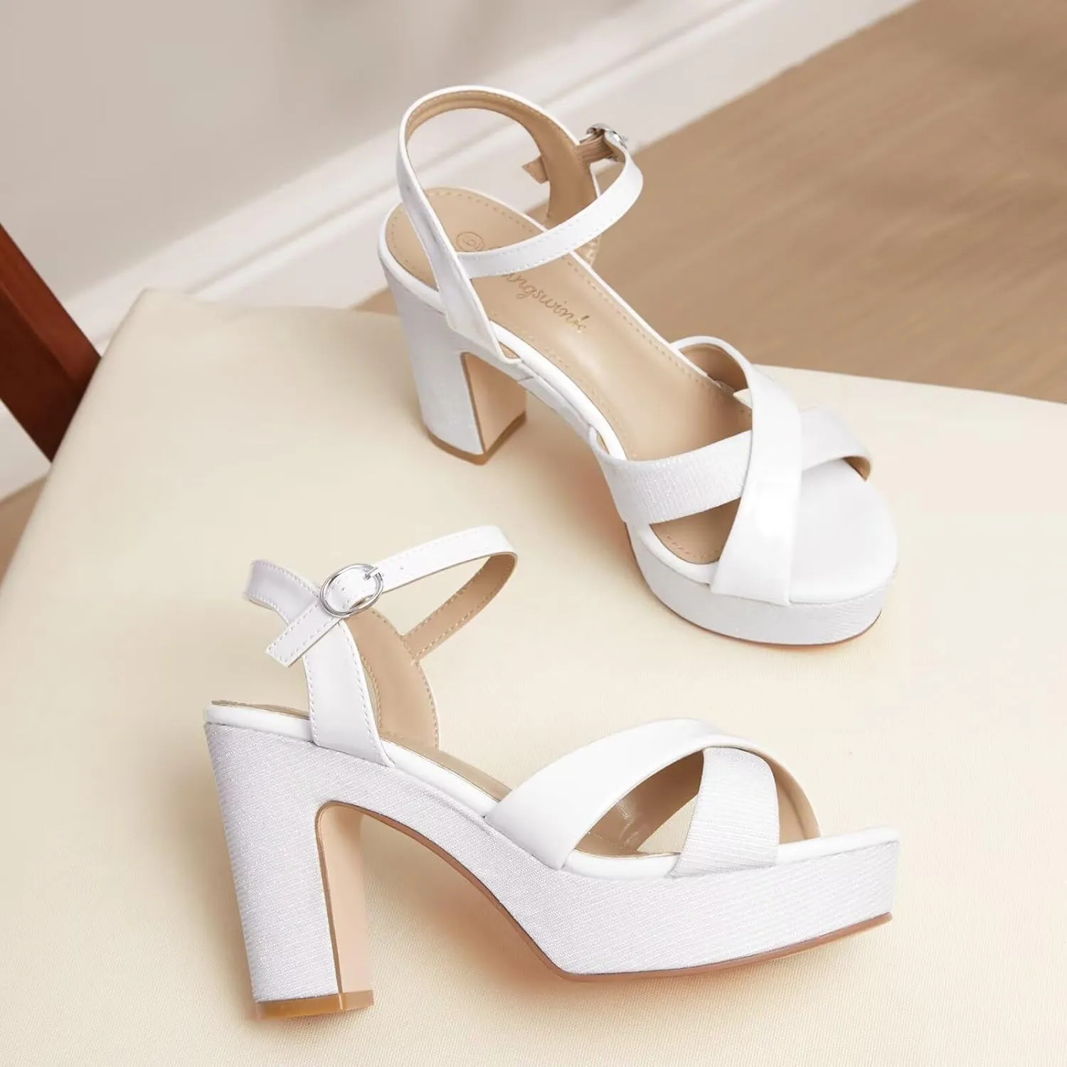 Womens Sparkly Platform Dress Sandals for Women Chunky Block Heel 3.8 Inch High Heels Open Toe with Strap for Women Comfortable Sexy Dressy Prom Wedding Party Evening Shoes