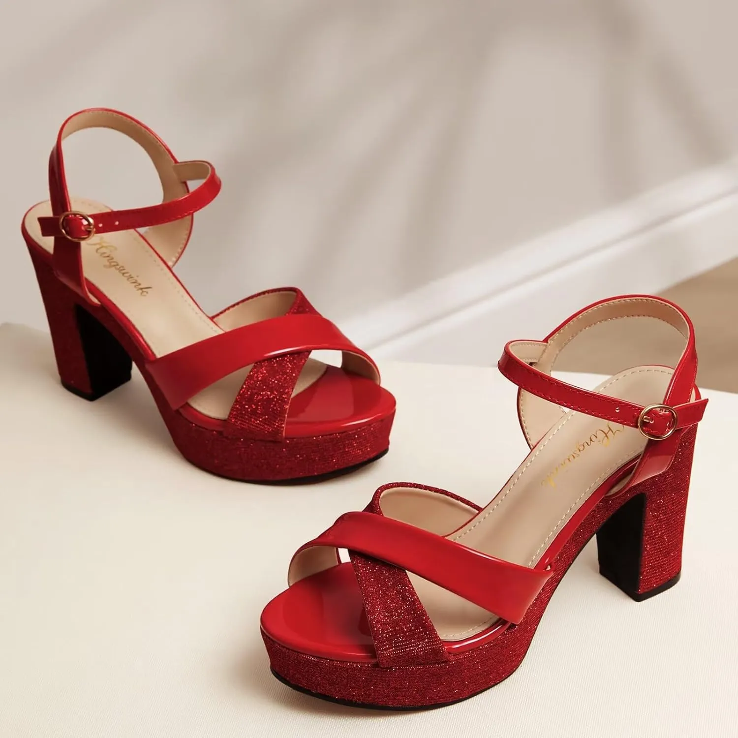 Womens Sparkly Platform Dress Sandals for Women Chunky Block Heel 3.8 Inch High Heels Open Toe with Strap for Women Comfortable Sexy Dressy Prom Wedding Party Evening Shoes