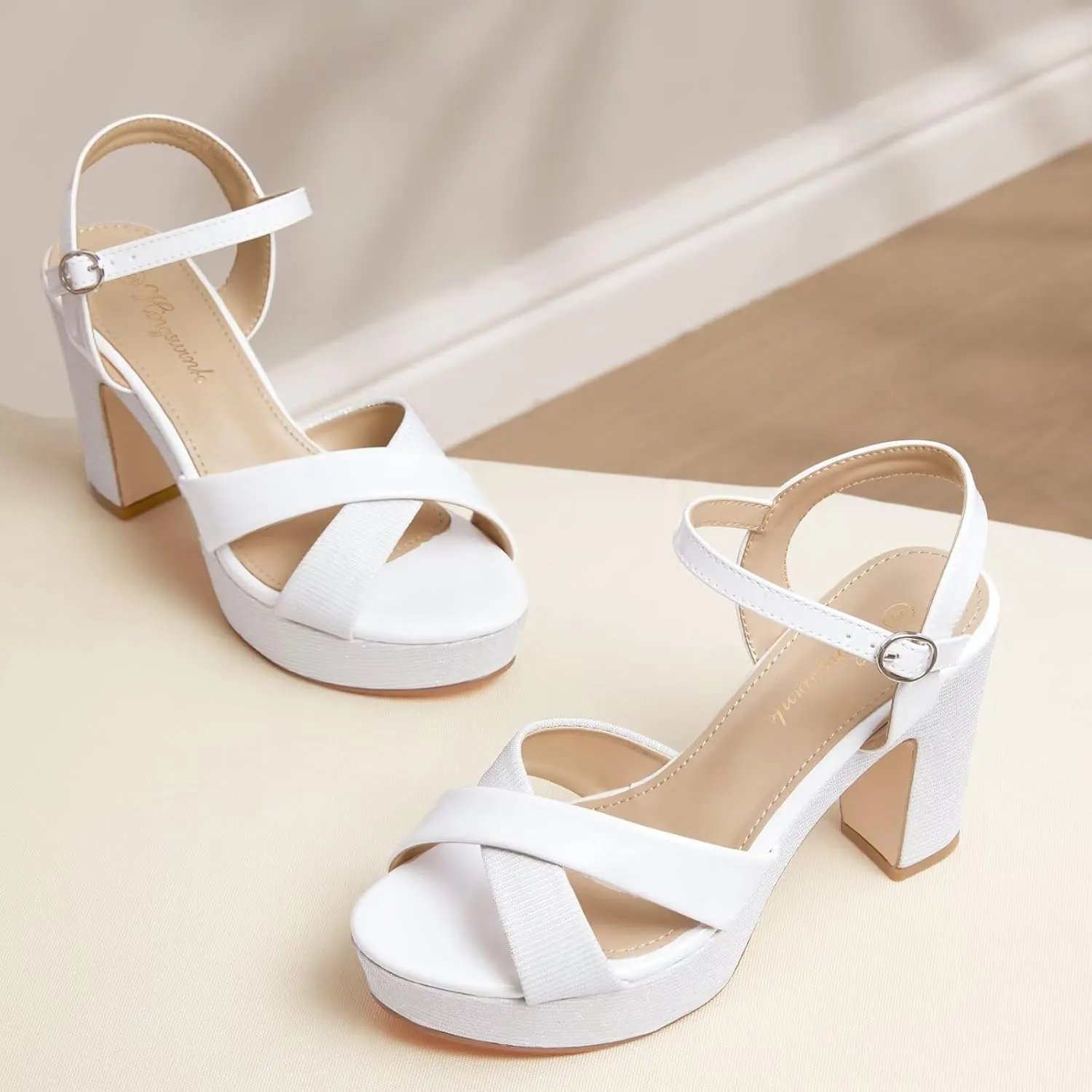 Womens Sparkly Platform Dress Sandals for Women Chunky Block Heel 3.8 Inch High Heels Open Toe with Strap for Women Comfortable Sexy Dressy Prom Wedding Party Evening Shoes