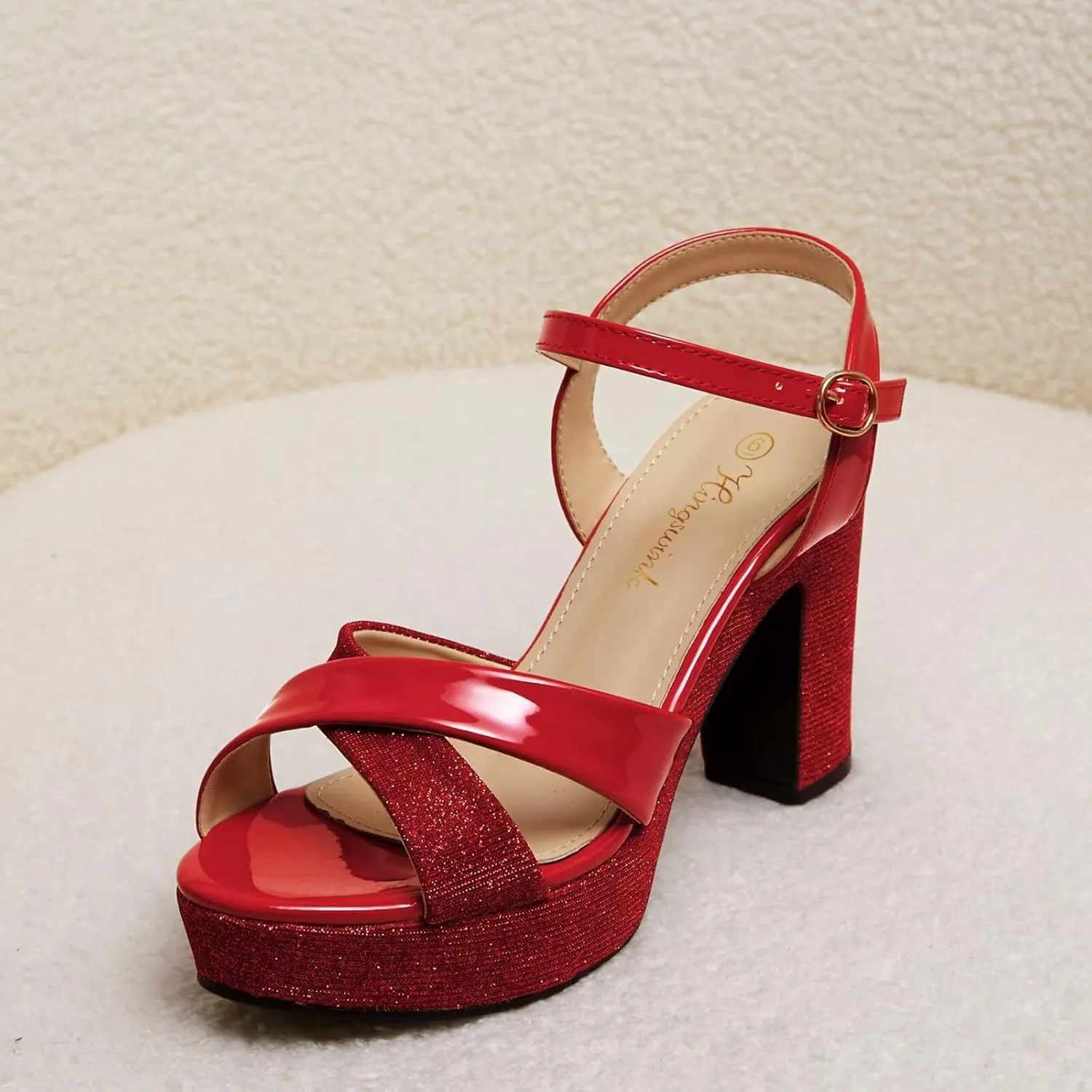 Womens Sparkly Platform Dress Sandals for Women Chunky Block Heel 3.8 Inch High Heels Open Toe with Strap for Women Comfortable Sexy Dressy Prom Wedding Party Evening Shoes