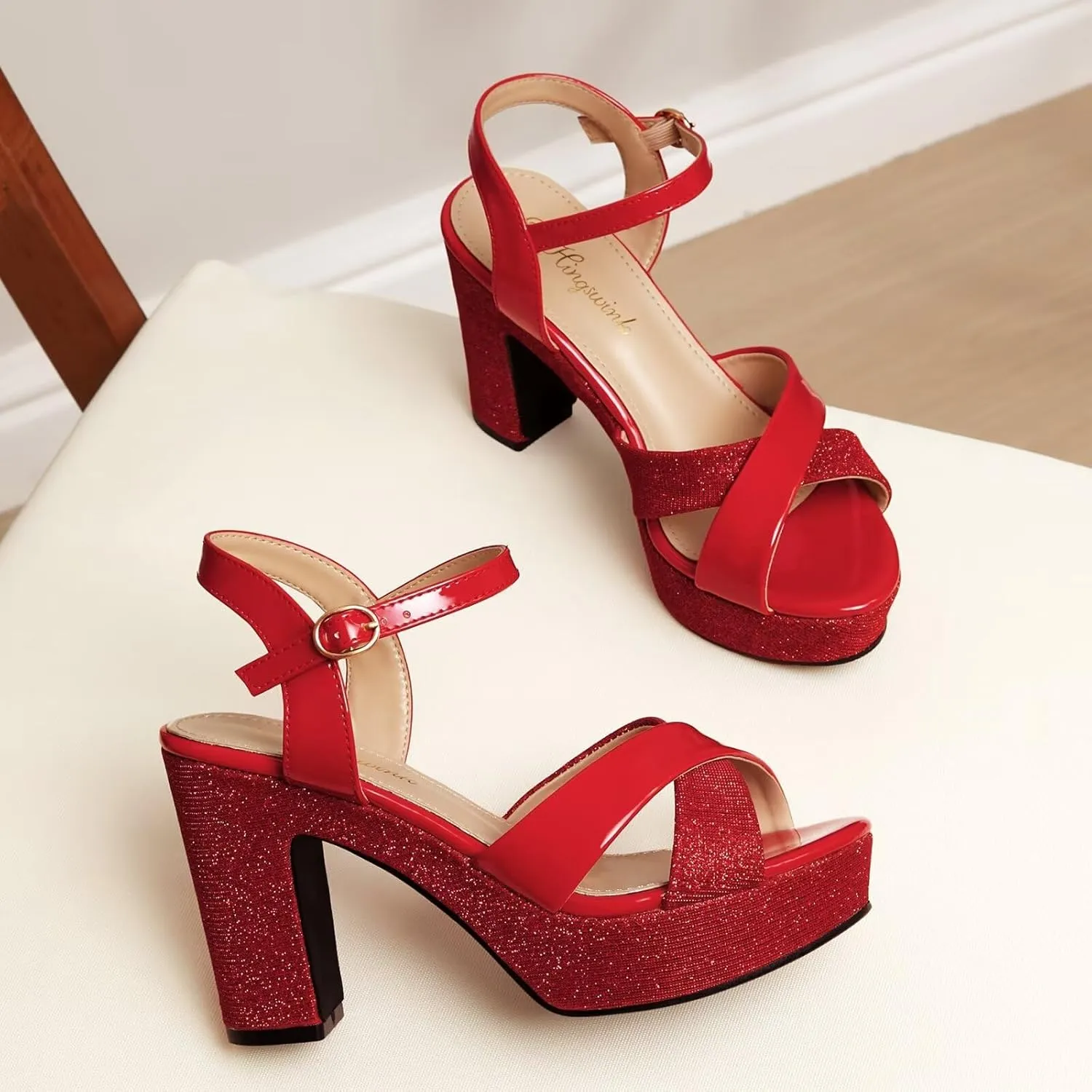 Womens Sparkly Platform Dress Sandals for Women Chunky Block Heel 3.8 Inch High Heels Open Toe with Strap for Women Comfortable Sexy Dressy Prom Wedding Party Evening Shoes