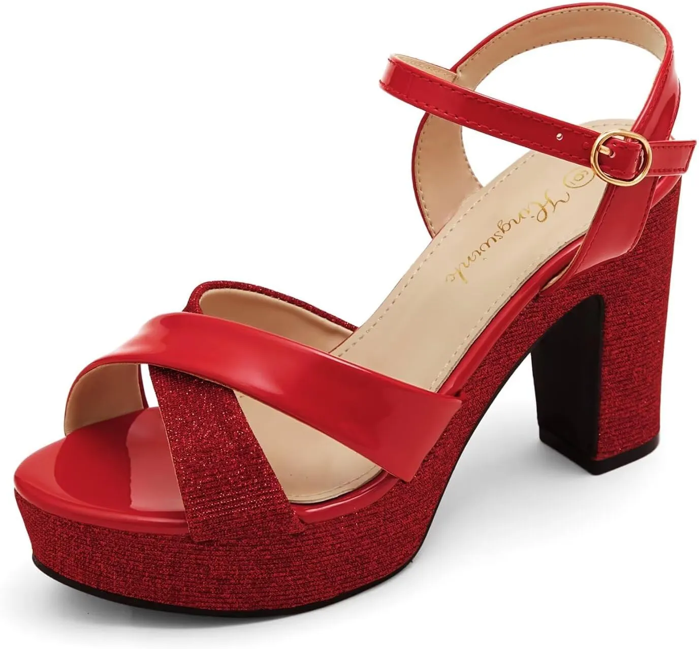 Womens Sparkly Platform Dress Sandals for Women Chunky Block Heel 3.8 Inch High Heels Open Toe with Strap for Women Comfortable Sexy Dressy Prom Wedding Party Evening Shoes