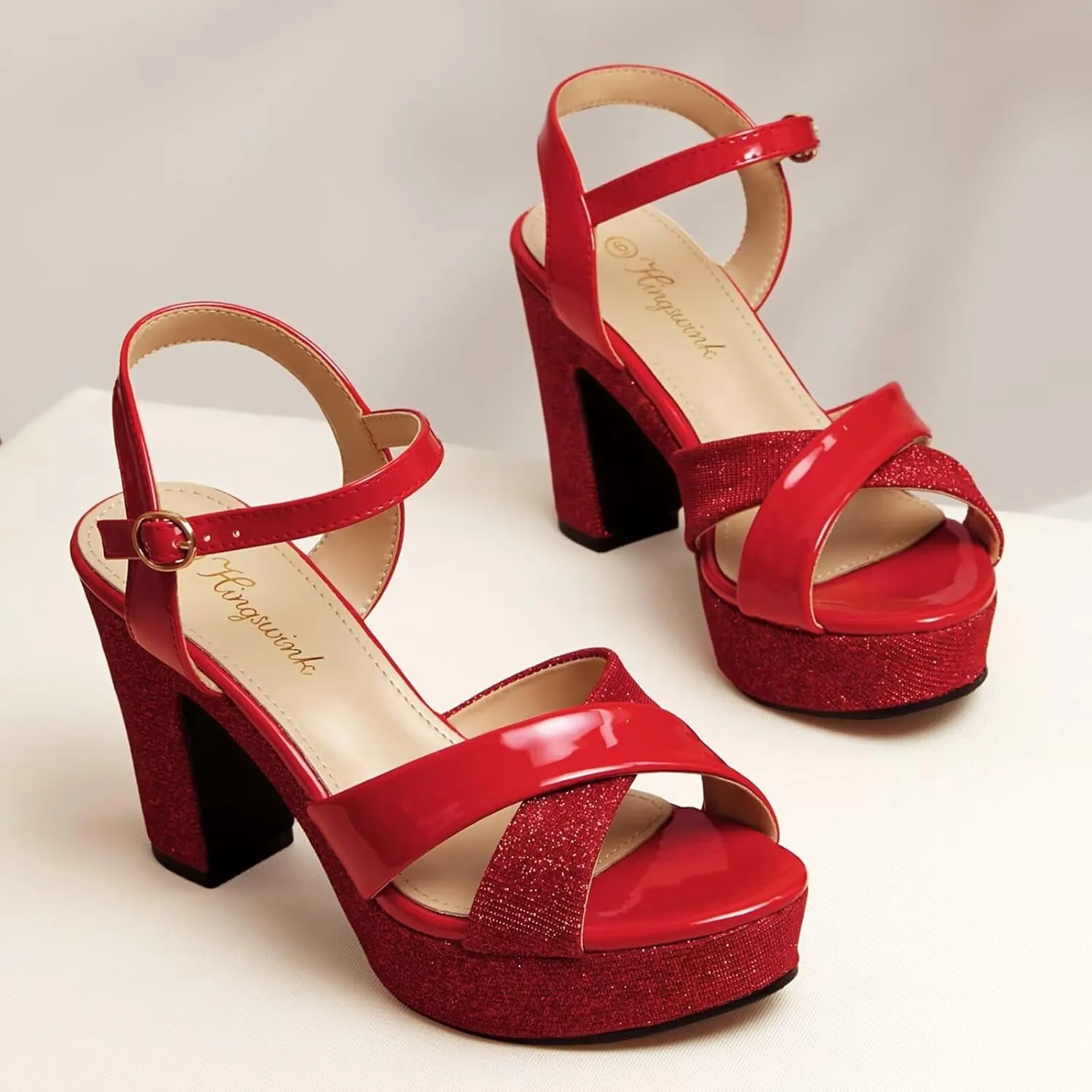 Womens Sparkly Platform Dress Sandals for Women Chunky Block Heel 3.8 Inch High Heels Open Toe with Strap for Women Comfortable Sexy Dressy Prom Wedding Party Evening Shoes