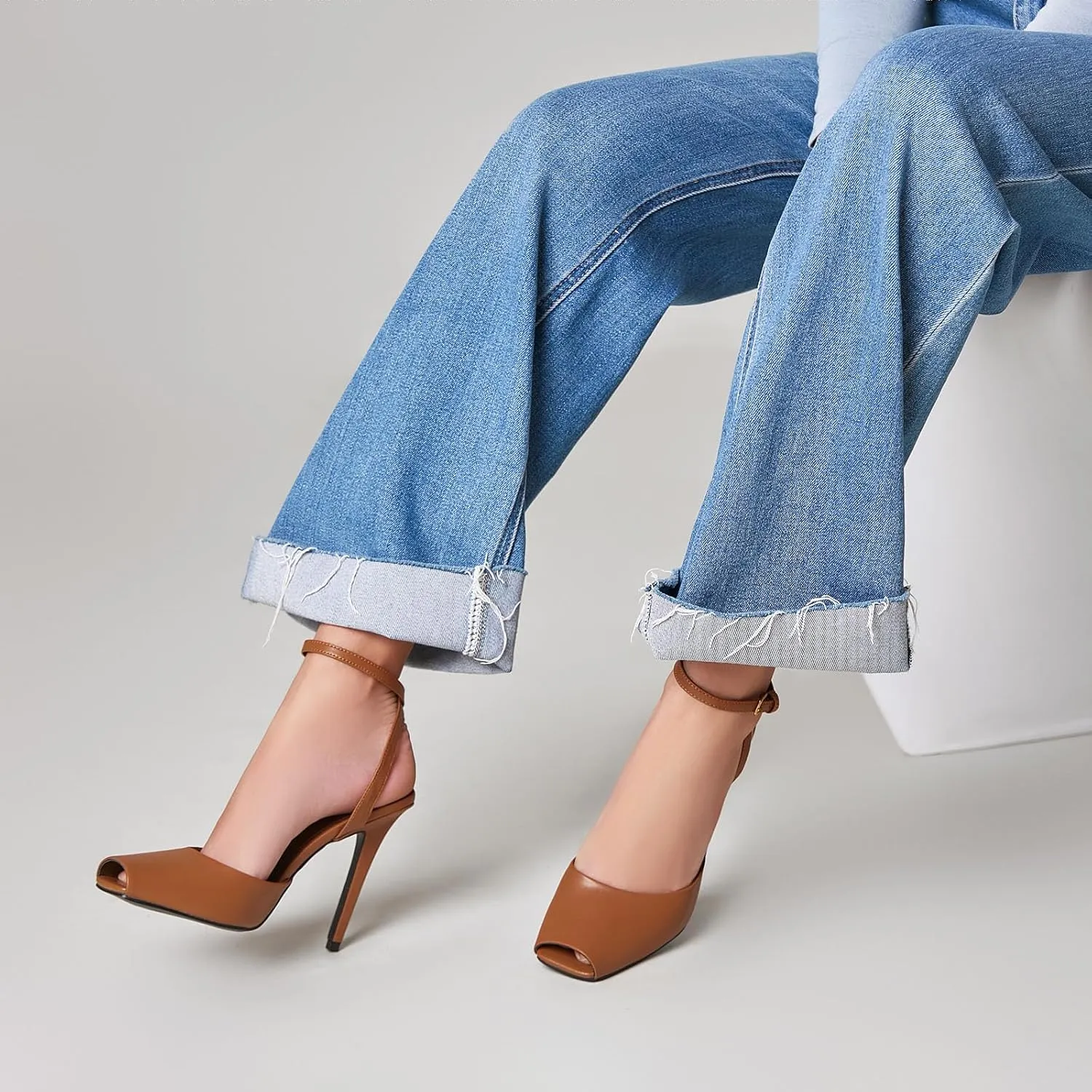 Womens Square Peep Toe Stiletto High Heels Ankle Strap Kitten Heels Sandals Backless Buckle Dress Party Fashion Shoes