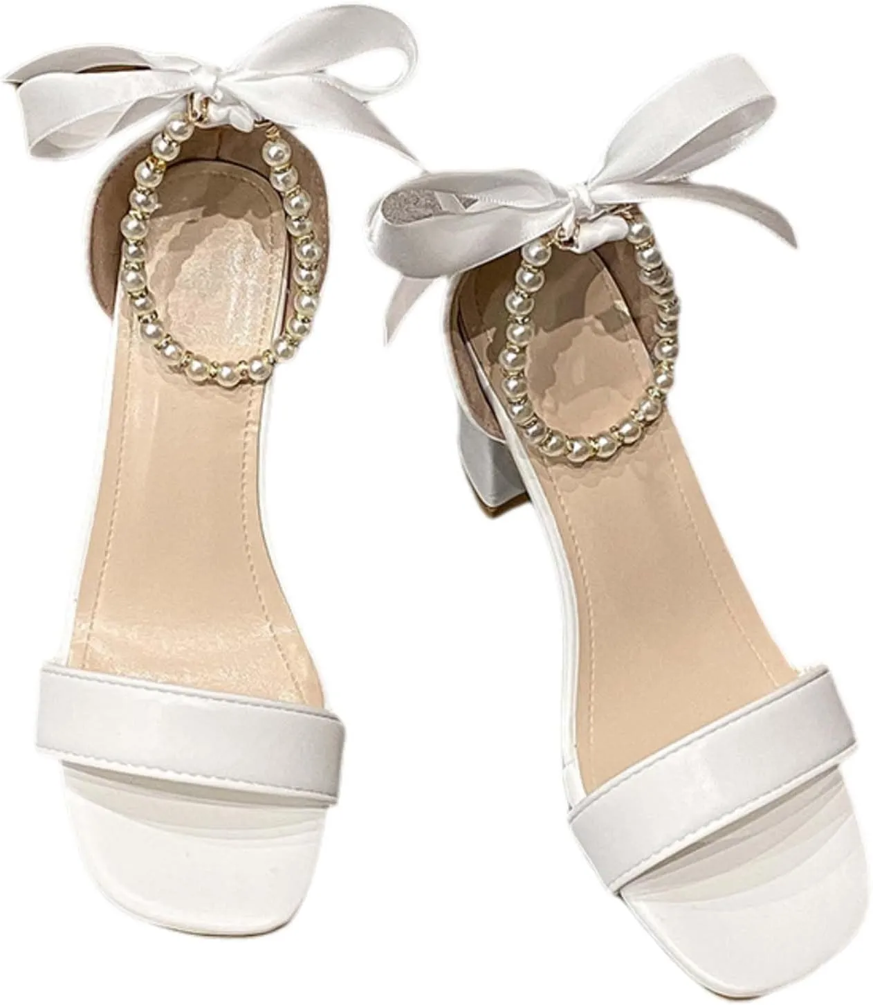 Women's Square Toe Pearl Ankle Strap High Heel Sandals-White Bow Design Ribbon, Fashion Open Toe Chunky Heel Party Wedding Shoes