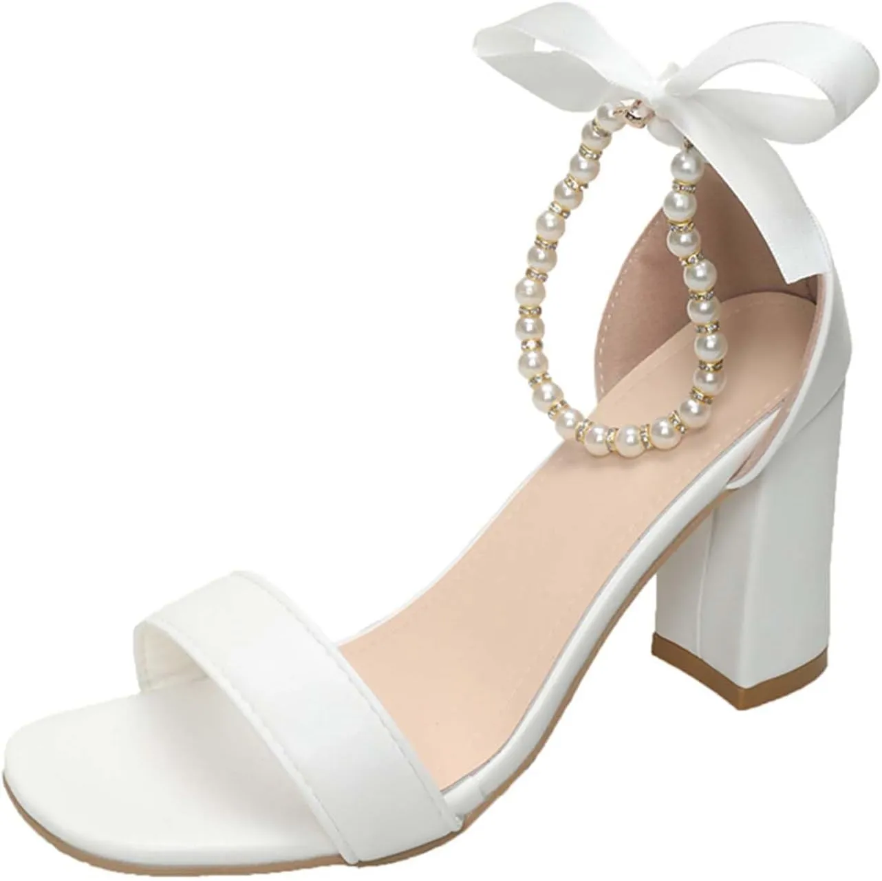 Women's Square Toe Pearl Ankle Strap High Heel Sandals-White Bow Design Ribbon, Fashion Open Toe Chunky Heel Party Wedding Shoes