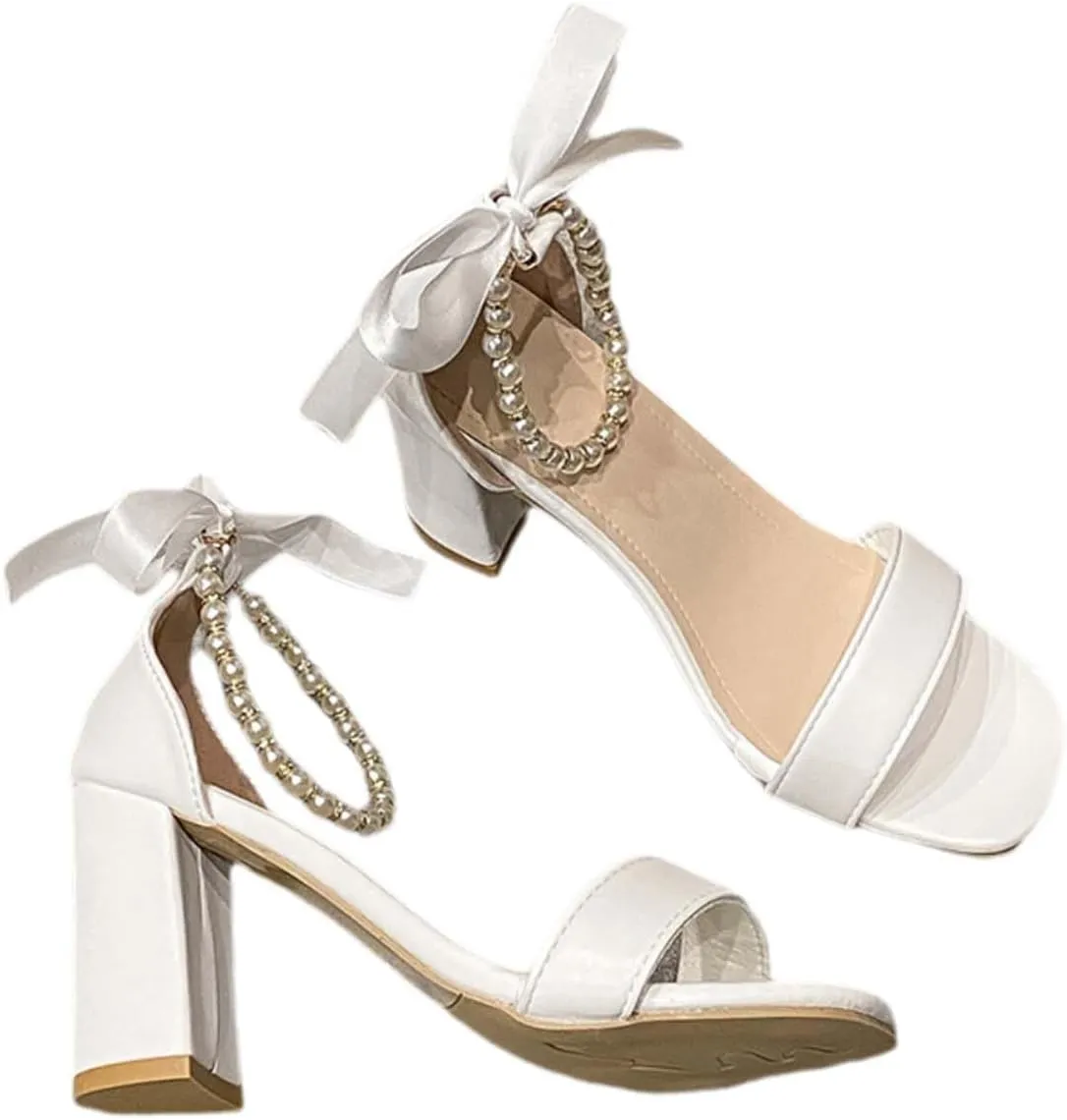 Women's Square Toe Pearl Ankle Strap High Heel Sandals-White Bow Design Ribbon, Fashion Open Toe Chunky Heel Party Wedding Shoes