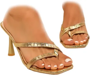 Women's Strappy Thong Heeled Sandals Square Open Toe Slip On Stiletto Heels Flip Flops Fashionable Sexy Backless Kitten Heel Slippers Shoes