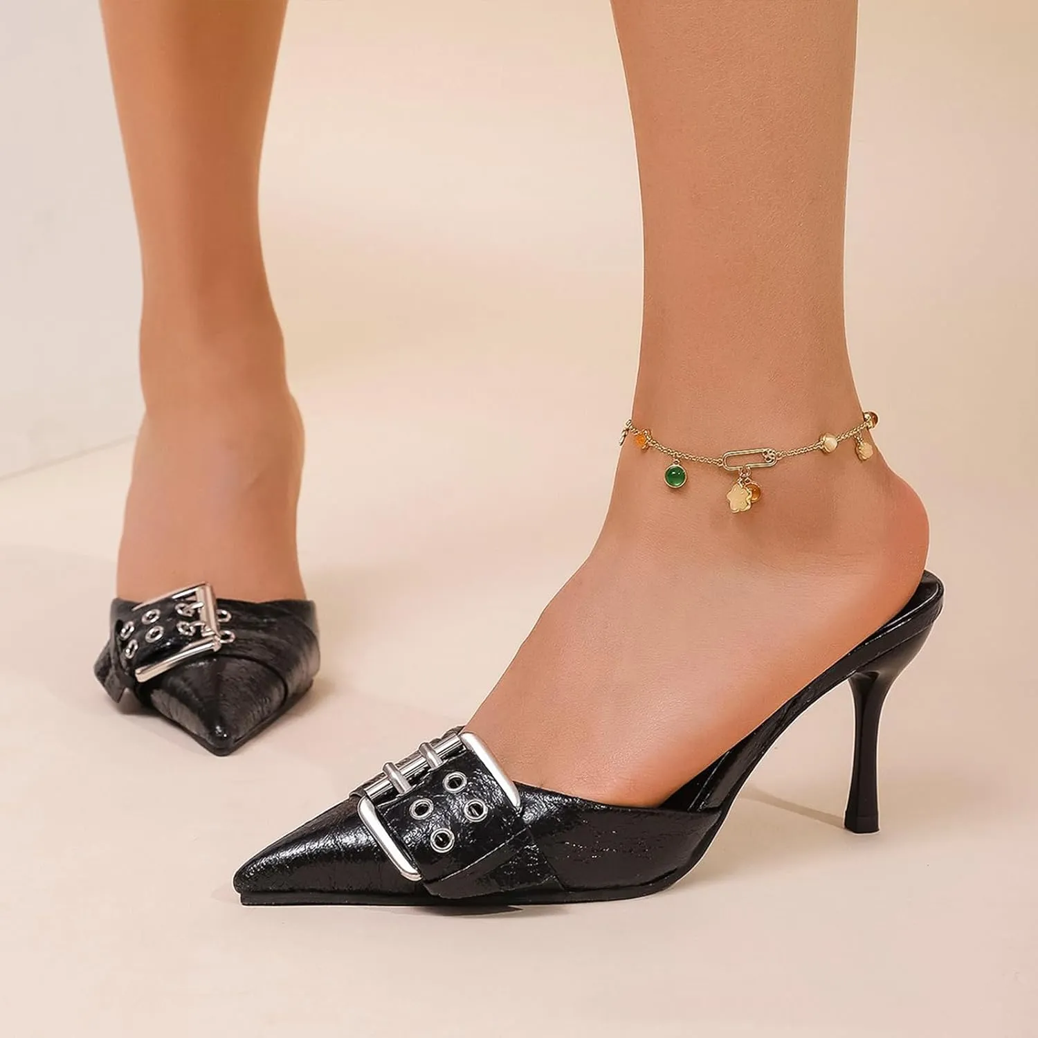 Women's Studded Pointed Toe Stiletto Mule Sandals with Metal Buckle Sexy Slingback Lightweight Non Slip Slip On High Heel Sandals Party Dressy Wedding Pumps