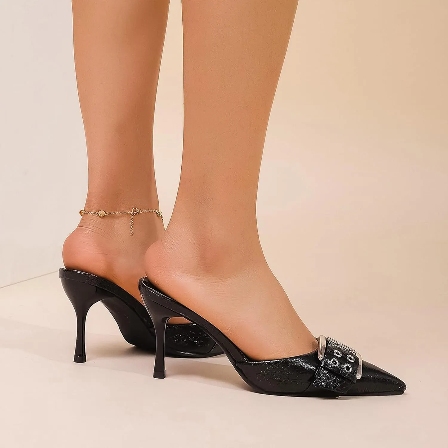 Women's Studded Pointed Toe Stiletto Mule Sandals with Metal Buckle Sexy Slingback Lightweight Non Slip Slip On High Heel Sandals Party Dressy Wedding Pumps