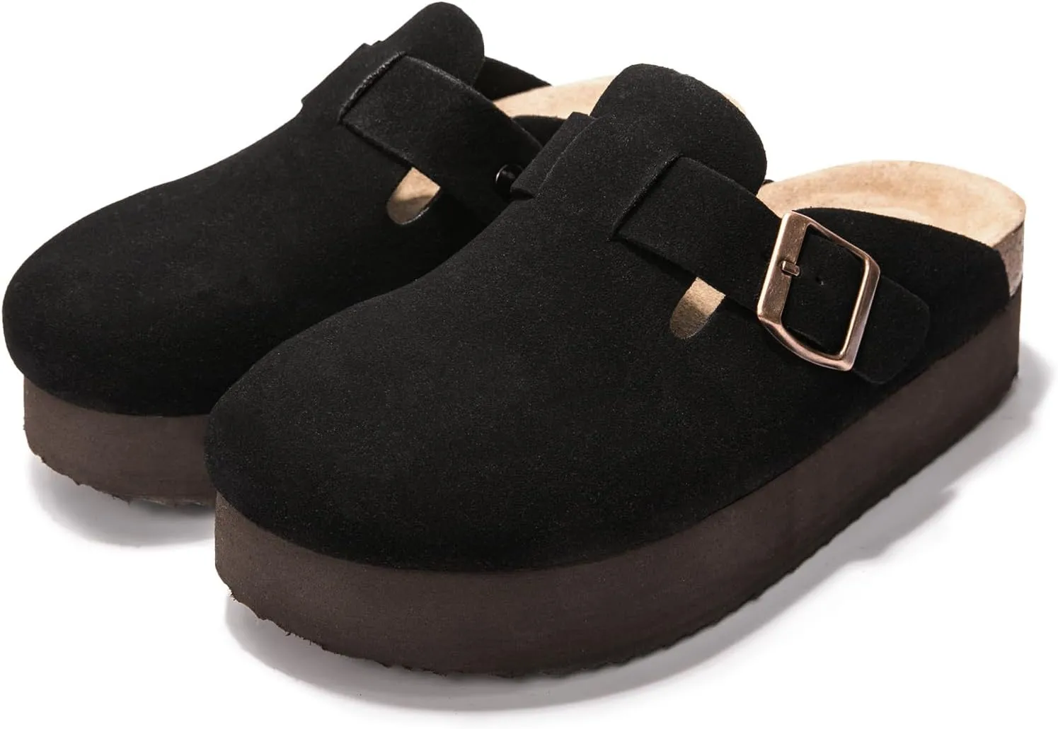 Women's Suede Clogs Cork Footbed Sandals Comfort Platform Mules with Arch Support Adjustable Buckle Slip On Slippers