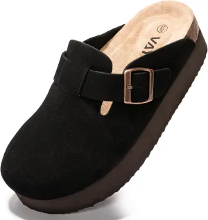 Women's Suede Clogs Cork Footbed Sandals Comfort Platform Mules with Arch Support Adjustable Buckle Slip On Slippers