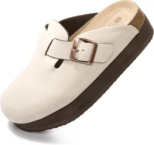 Women's Suede Clogs Cork Footbed Sandals Comfort Platform Mules with Arch Support Adjustable Buckle Slip On Slippers