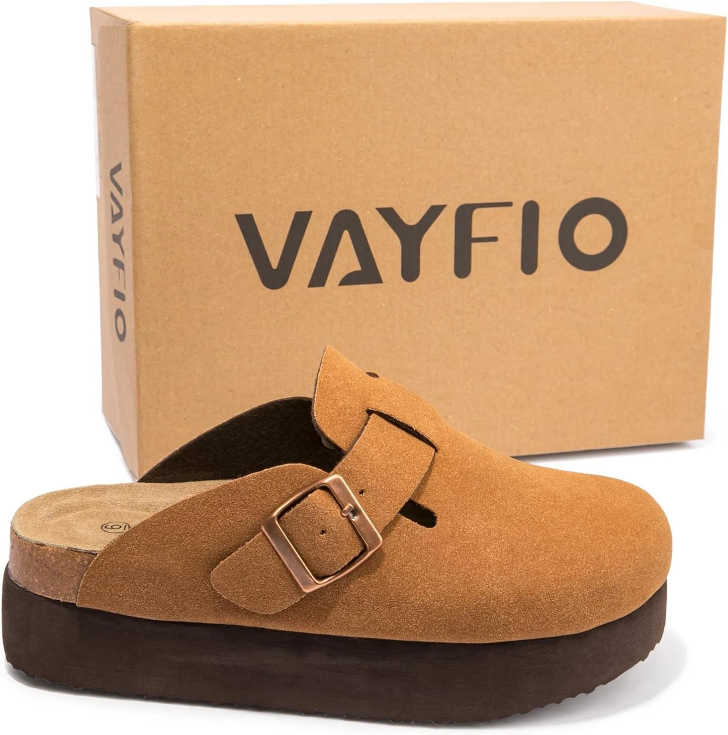 Women's Suede Clogs Cork Footbed Sandals Comfort Platform Mules with Arch Support Adjustable Buckle Slip On Slippers
