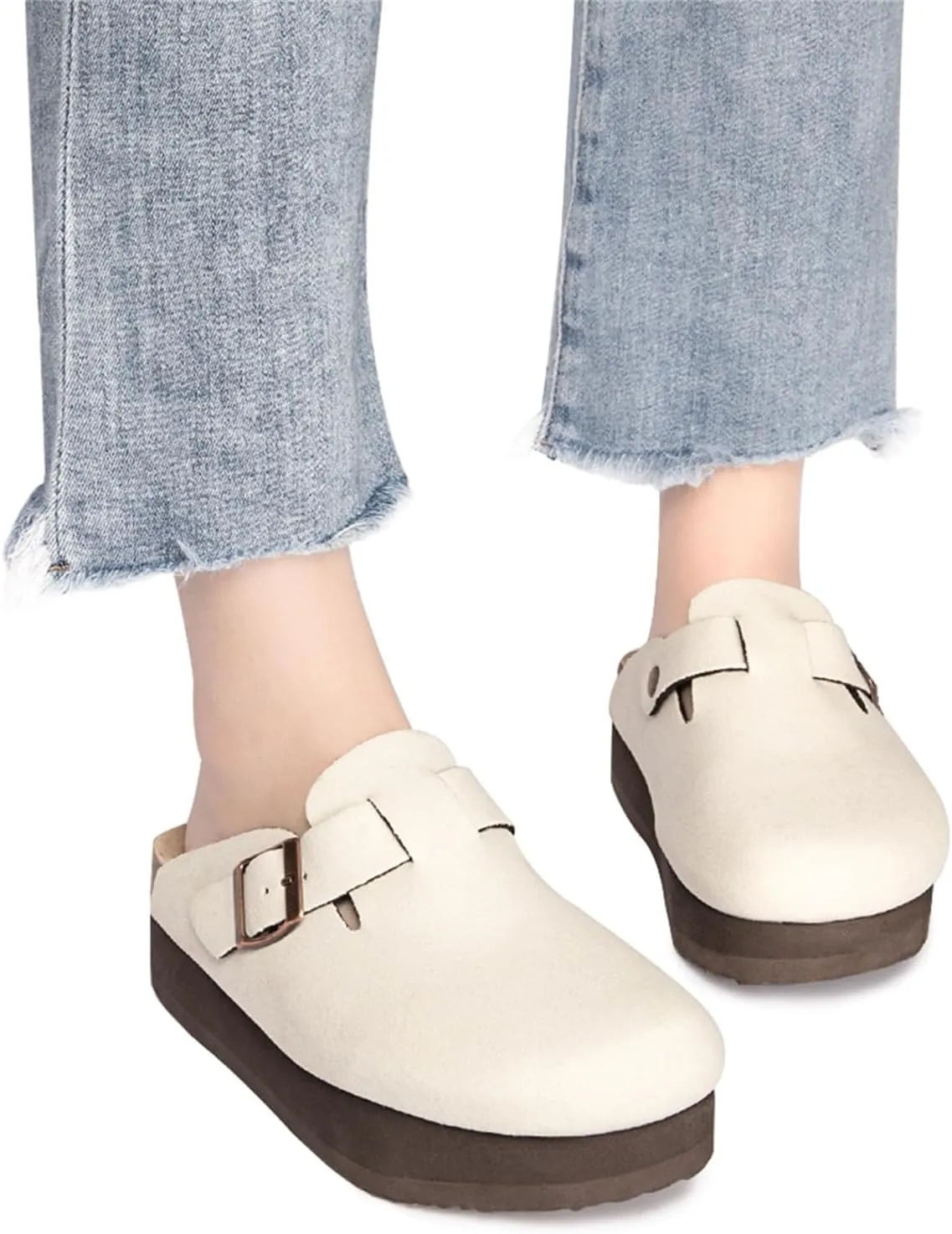 Women's Suede Clogs Cork Footbed Sandals Comfort Platform Mules with Arch Support Adjustable Buckle Slip On Slippers