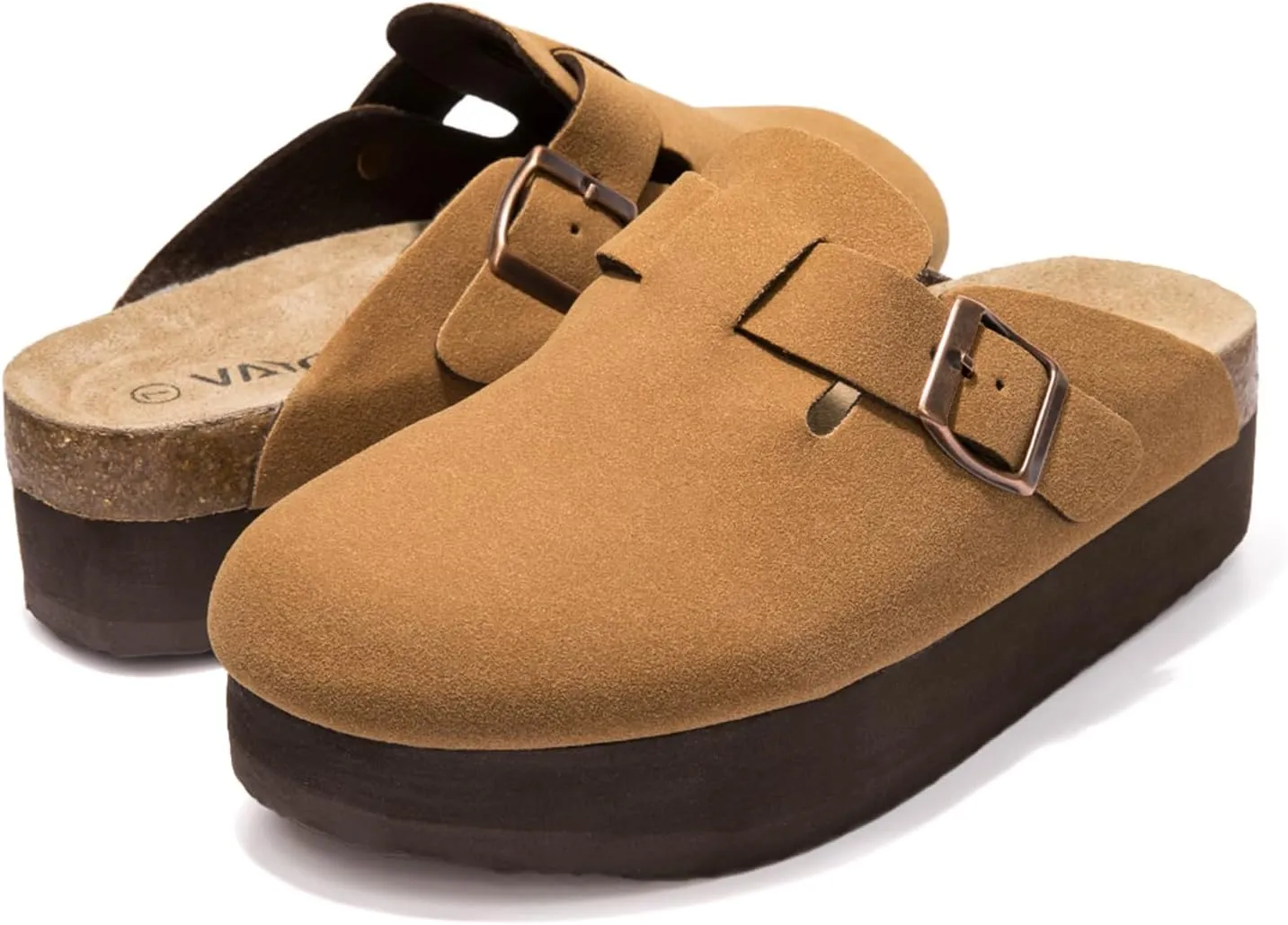Women's Suede Clogs Cork Footbed Sandals Comfort Platform Mules with Arch Support Adjustable Buckle Slip On Slippers