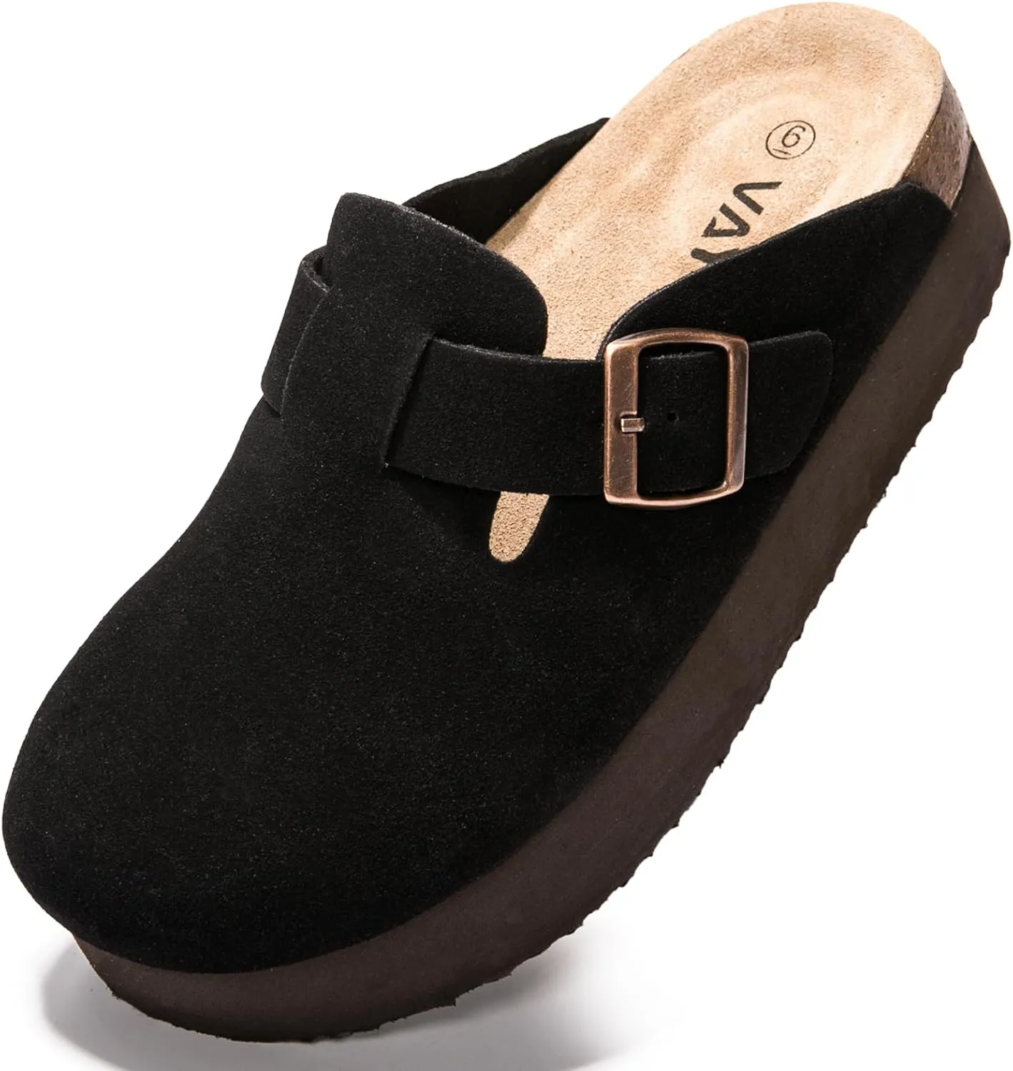 Women's Suede Clogs Cork Footbed Sandals Comfort Platform Mules with Arch Support Adjustable Buckle Slip On Slippers