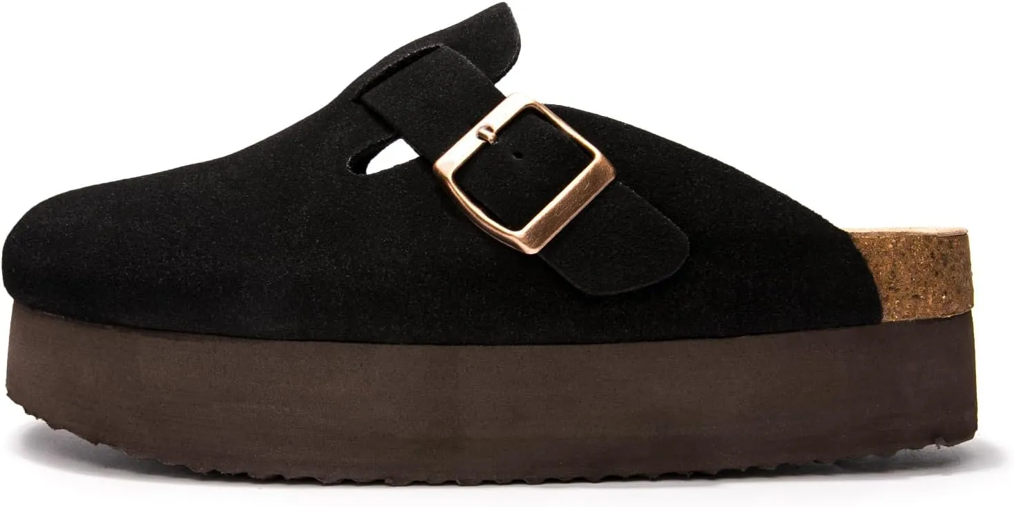 Women's Suede Clogs Cork Footbed Sandals Comfort Platform Mules with Arch Support Adjustable Buckle Slip On Slippers