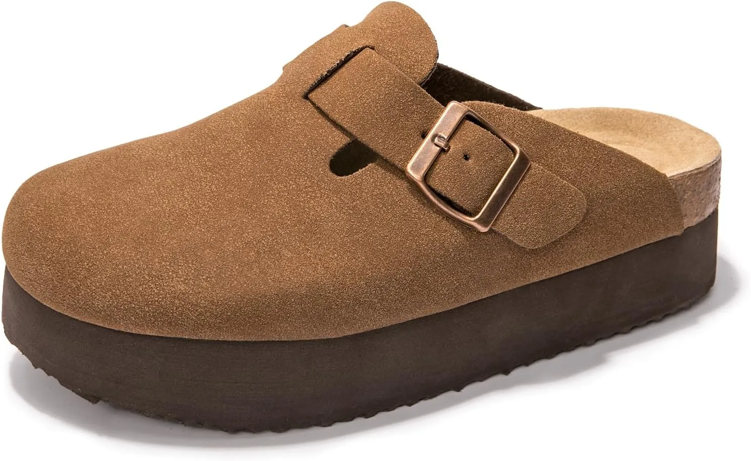 Women's Suede Clogs Cork Footbed Sandals Comfort Platform Mules with Arch Support Adjustable Buckle Slip On Slippers