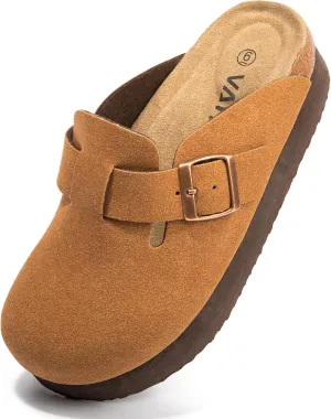 Women's Suede Clogs Cork Footbed Sandals Comfort Platform Mules with Arch Support Adjustable Buckle Slip On Slippers