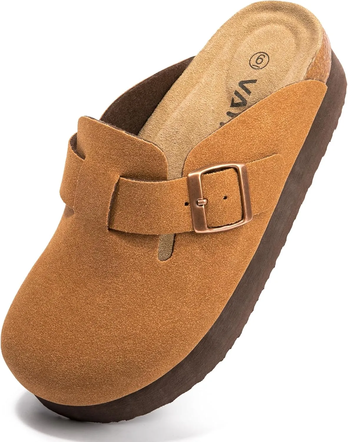 Women's Suede Clogs Cork Footbed Sandals Comfort Platform Mules with Arch Support Adjustable Buckle Slip On Slippers