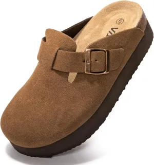 Women's Suede Clogs Cork Footbed Sandals Comfort Platform Mules with Arch Support Adjustable Buckle Slip On Slippers