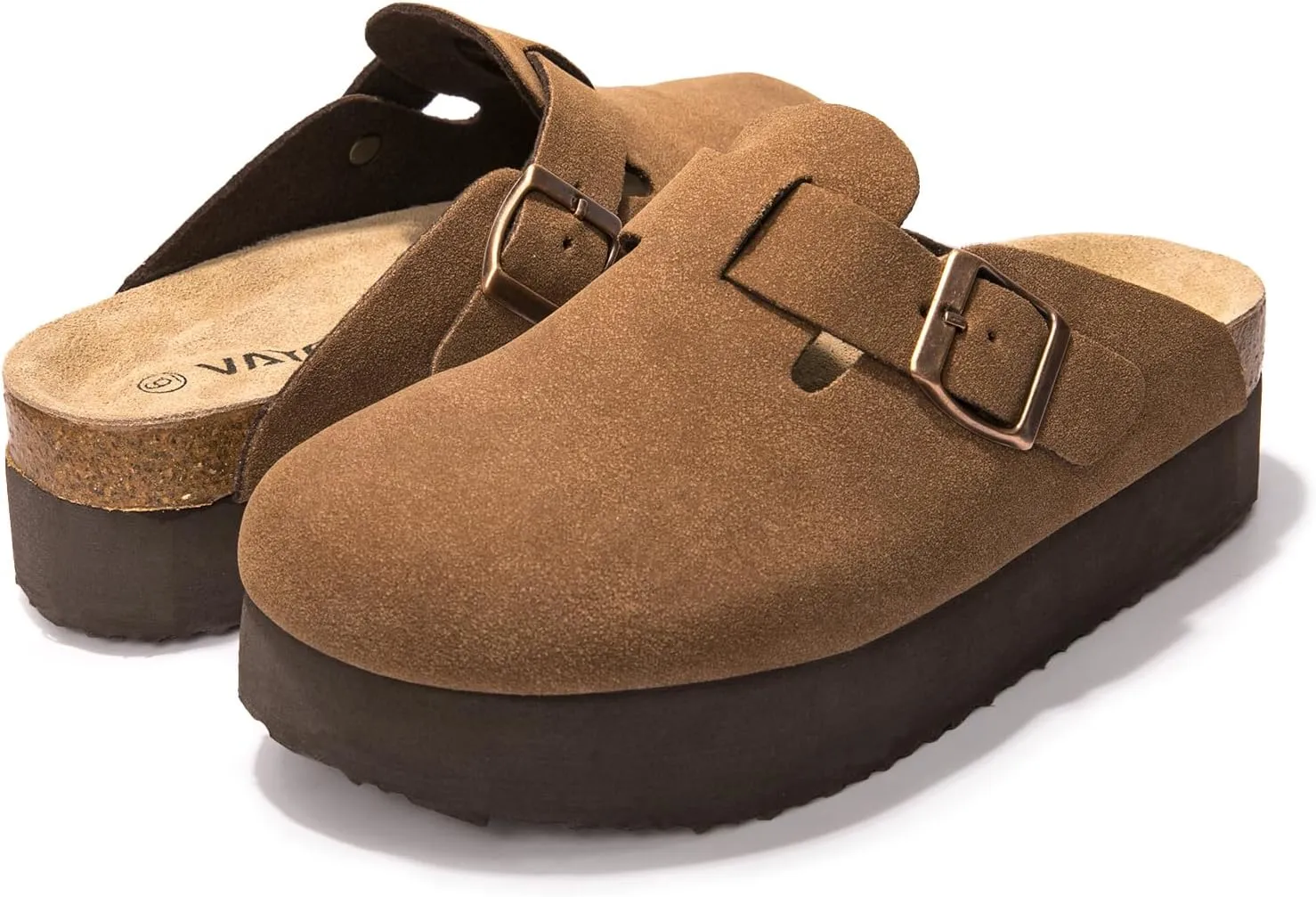 Women's Suede Clogs Cork Footbed Sandals Comfort Platform Mules with Arch Support Adjustable Buckle Slip On Slippers