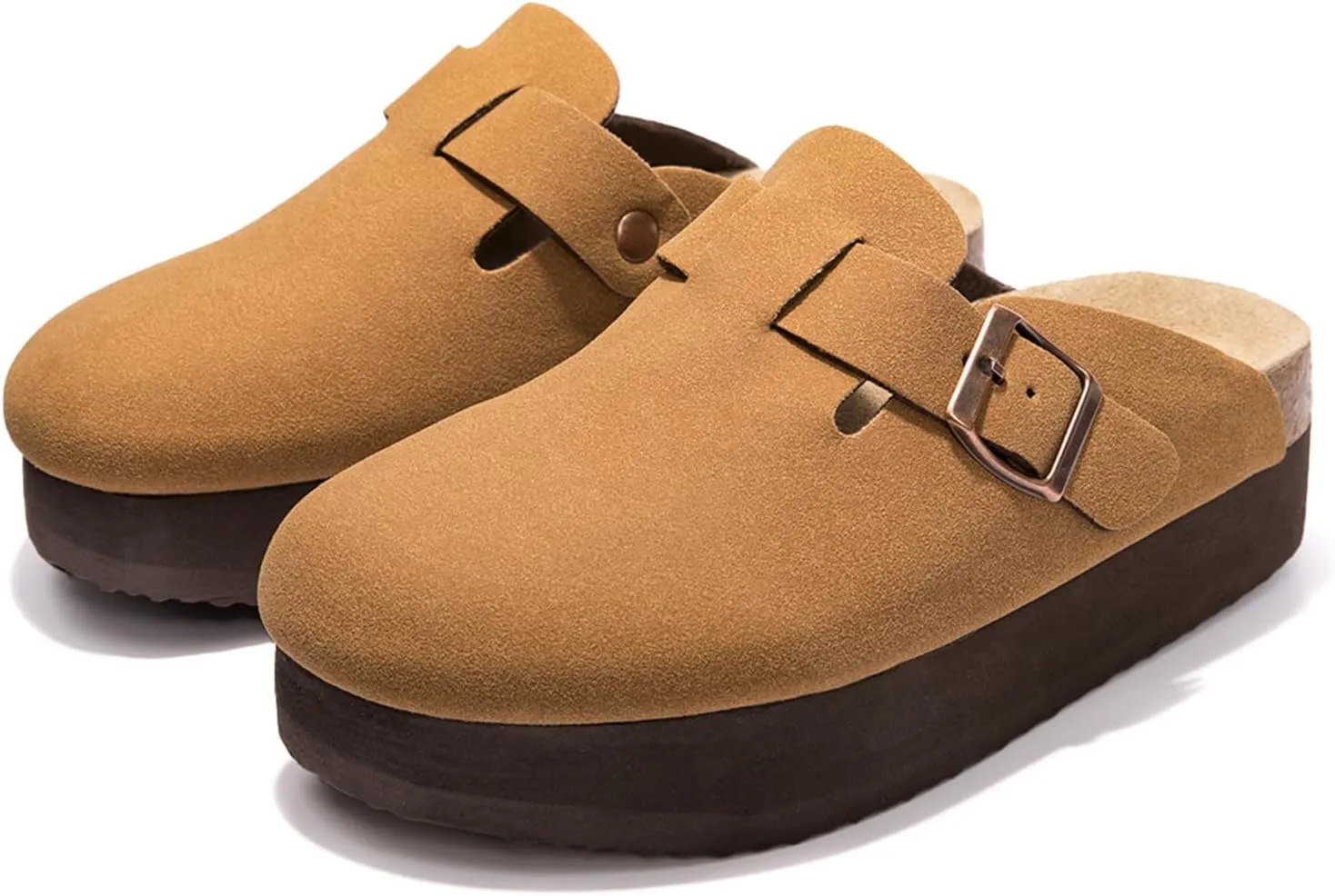Women's Suede Clogs Cork Footbed Sandals Comfort Platform Mules with Arch Support Adjustable Buckle Slip On Slippers