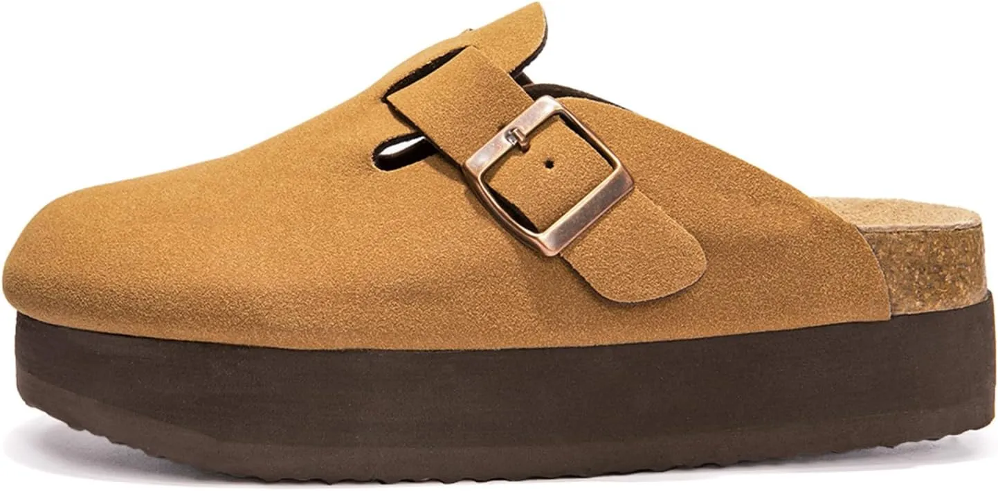Women's Suede Clogs Cork Footbed Sandals Comfort Platform Mules with Arch Support Adjustable Buckle Slip On Slippers