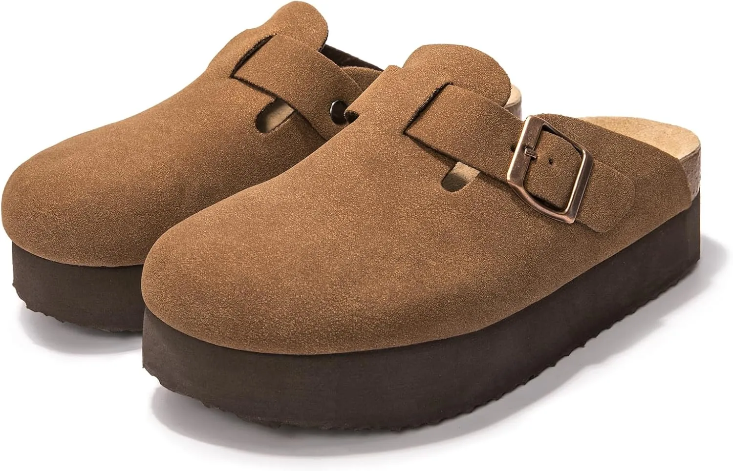 Women's Suede Clogs Cork Footbed Sandals Comfort Platform Mules with Arch Support Adjustable Buckle Slip On Slippers