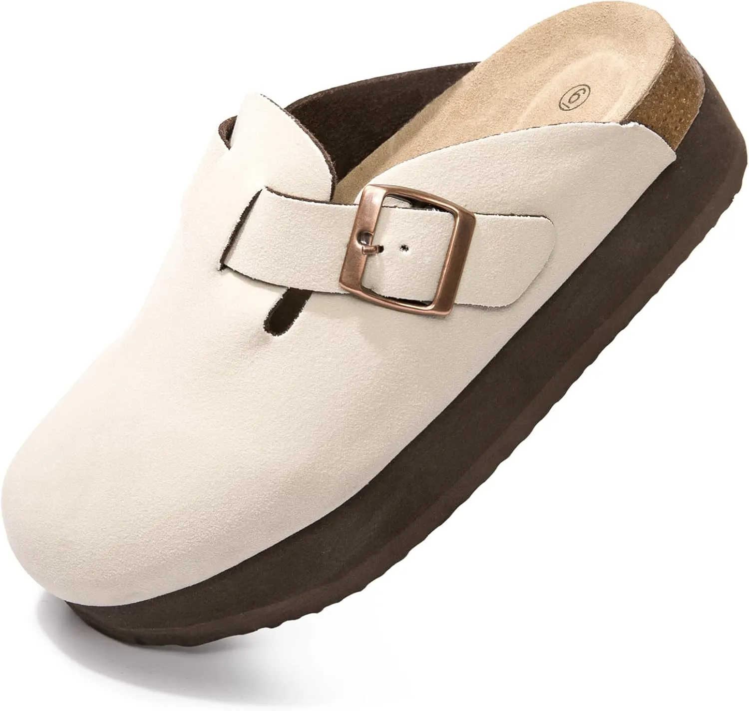 Women's Suede Clogs Cork Footbed Sandals Comfort Platform Mules with Arch Support Adjustable Buckle Slip On Slippers