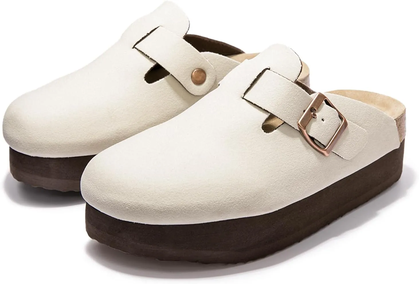Women's Suede Clogs Cork Footbed Sandals Comfort Platform Mules with Arch Support Adjustable Buckle Slip On Slippers
