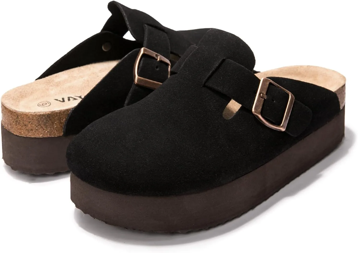 Women's Suede Clogs Cork Footbed Sandals Comfort Platform Mules with Arch Support Adjustable Buckle Slip On Slippers