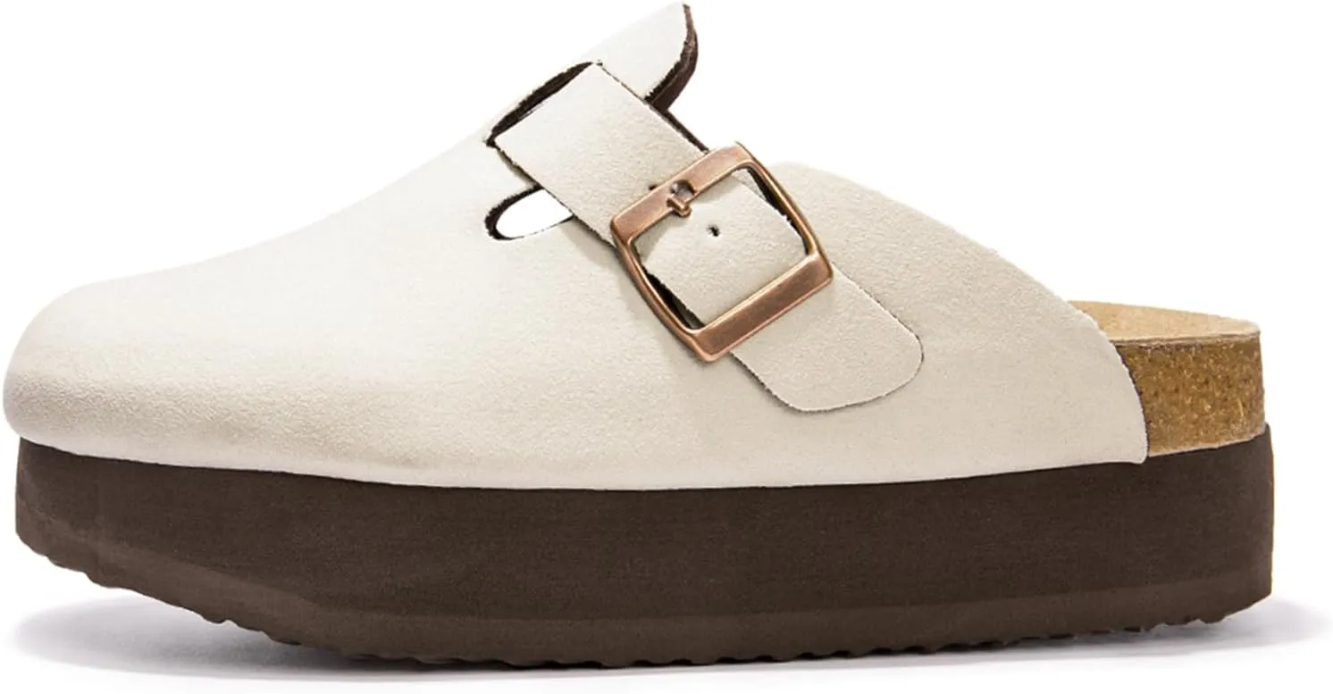 Women's Suede Clogs Cork Footbed Sandals Comfort Platform Mules with Arch Support Adjustable Buckle Slip On Slippers