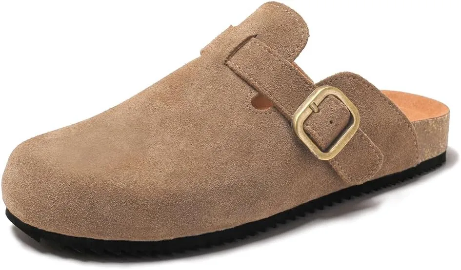 Women's Suede Clogs Leather Mules Comfort Cork Footbed Sandals Potato Shoes with Arch Support