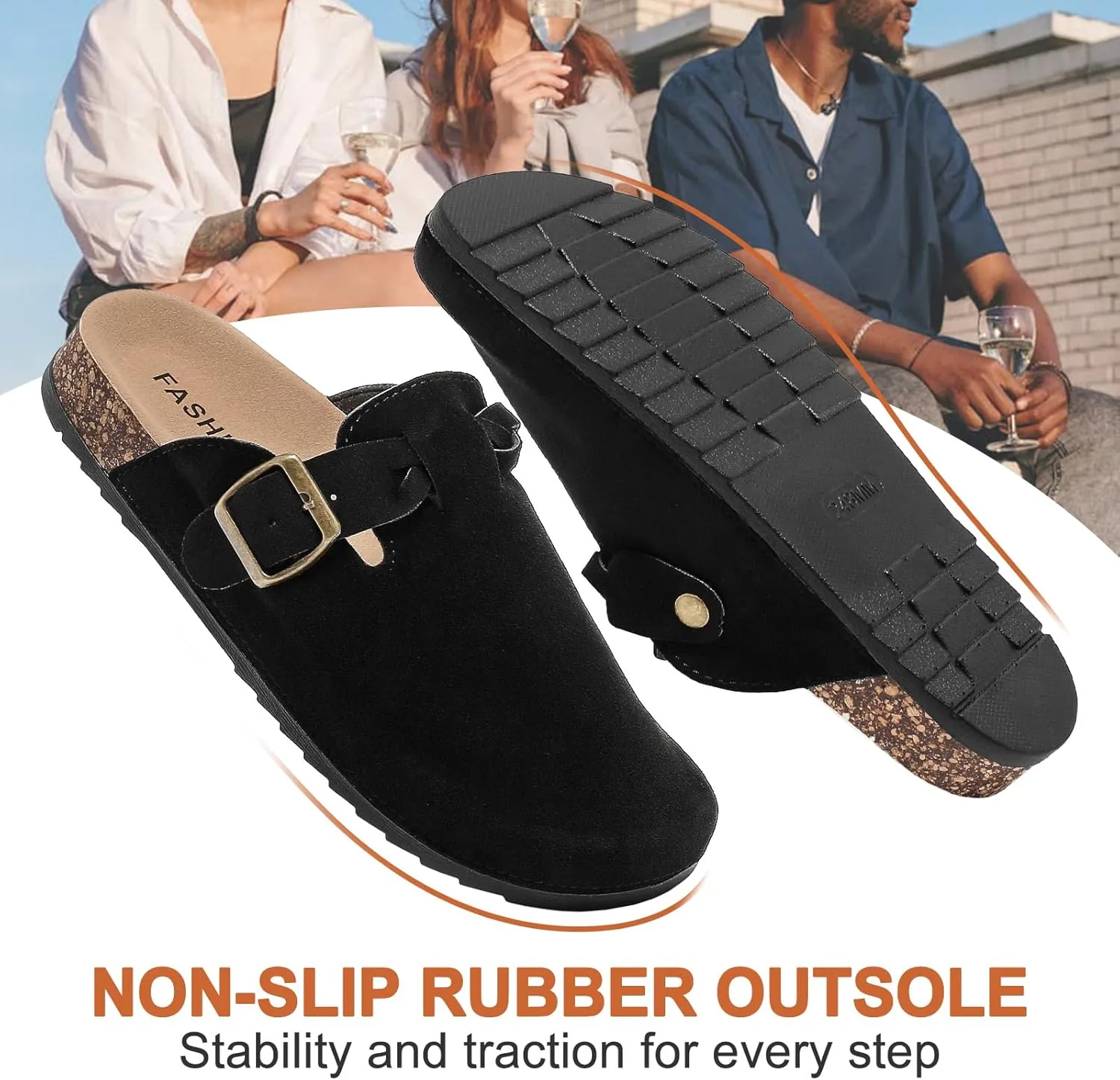 Women's Suede Clogs Mens Leather Mules Comfort Cork Footbed Sandals with Arch Support and Adjustable Buckle
