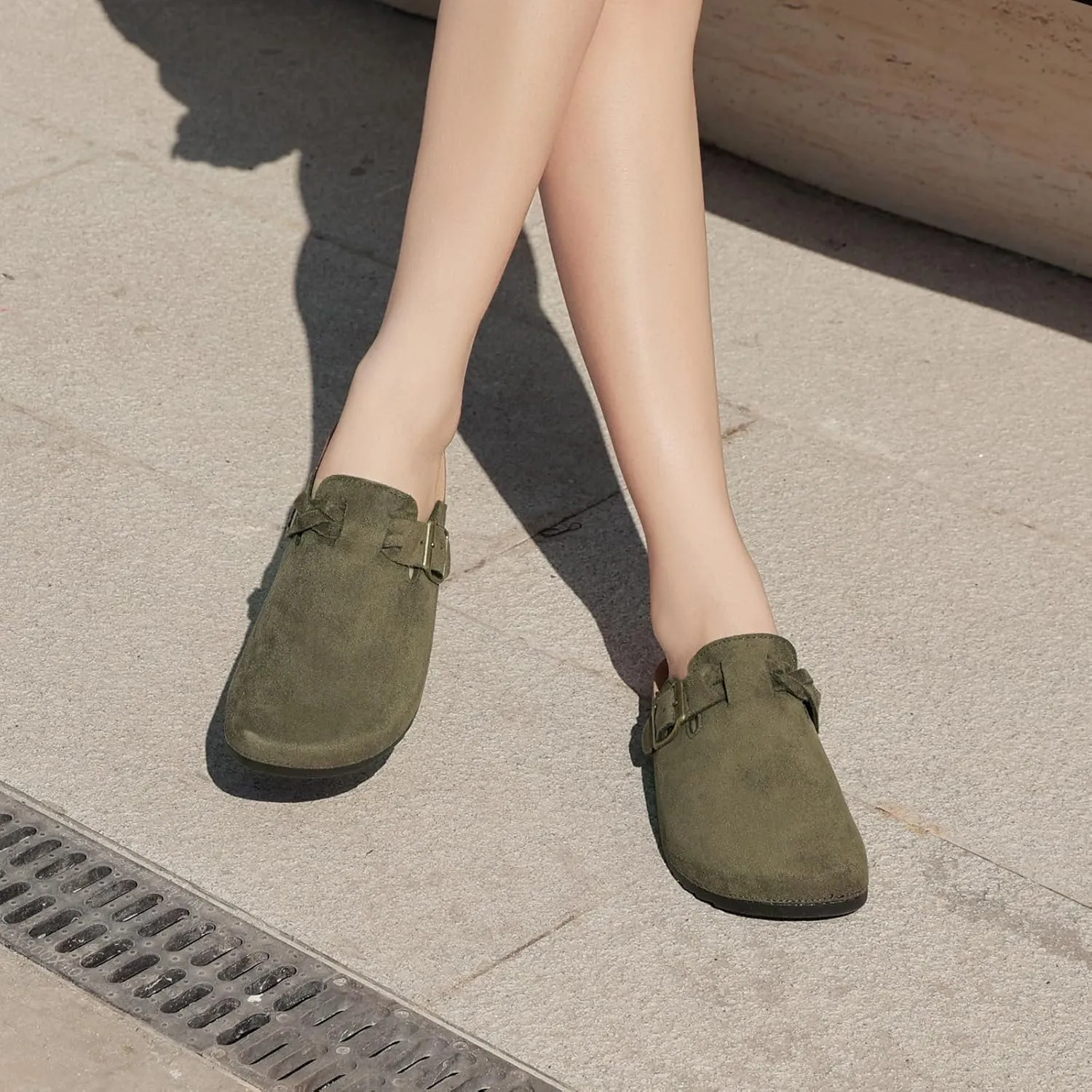 Women's Suede Clogs Mens Leather Mules Comfort Cork Footbed Sandals with Arch Support and Adjustable Buckle