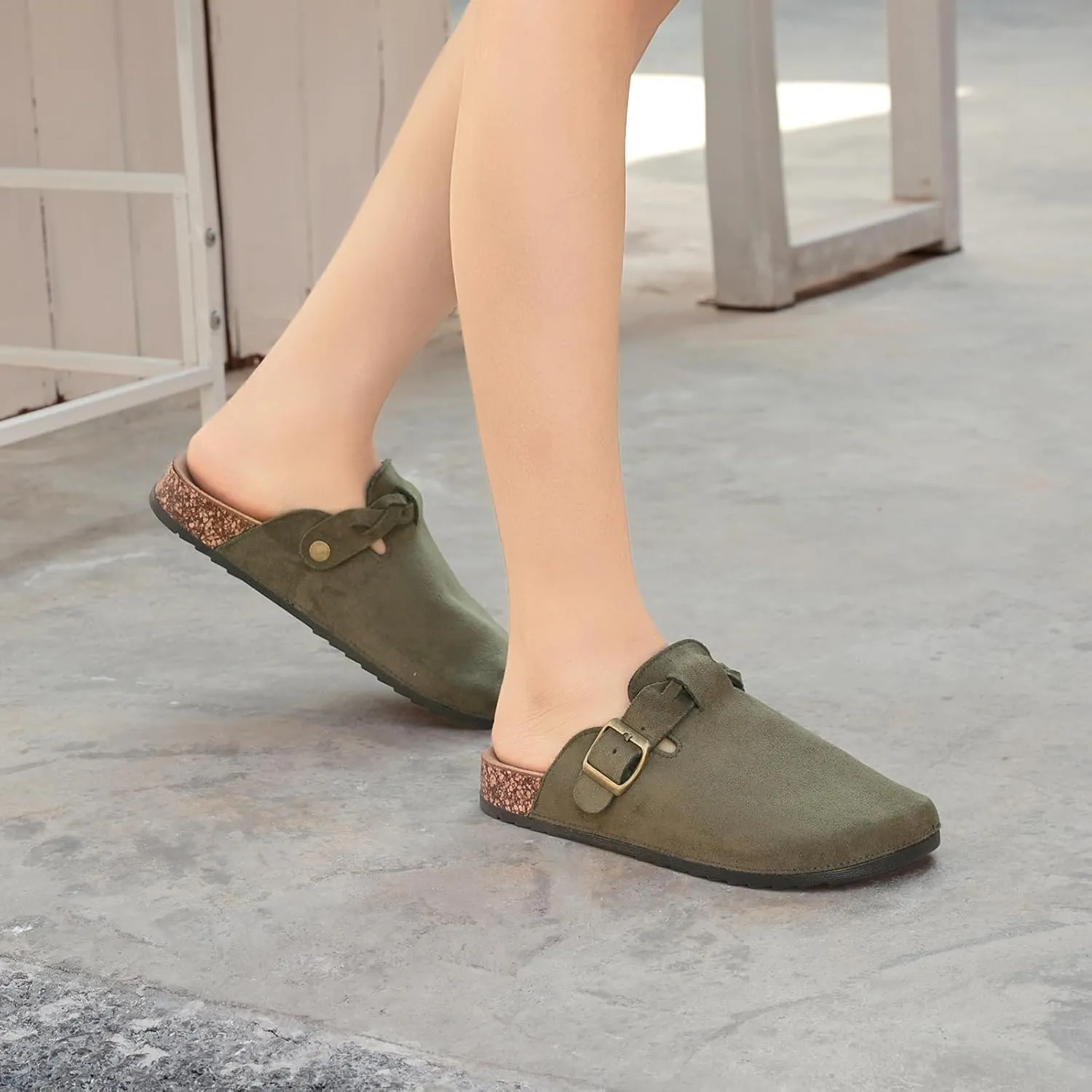 Women's Suede Clogs Mens Leather Mules Comfort Cork Footbed Sandals with Arch Support and Adjustable Buckle
