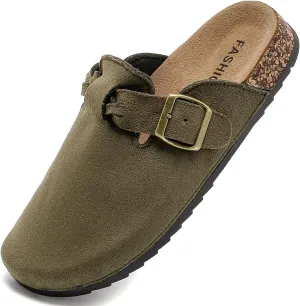 Women's Suede Clogs Mens Leather Mules Comfort Cork Footbed Sandals with Arch Support and Adjustable Buckle