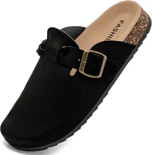 Women's Suede Clogs Mens Leather Mules Comfort Cork Footbed Sandals with Arch Support and Adjustable Buckle