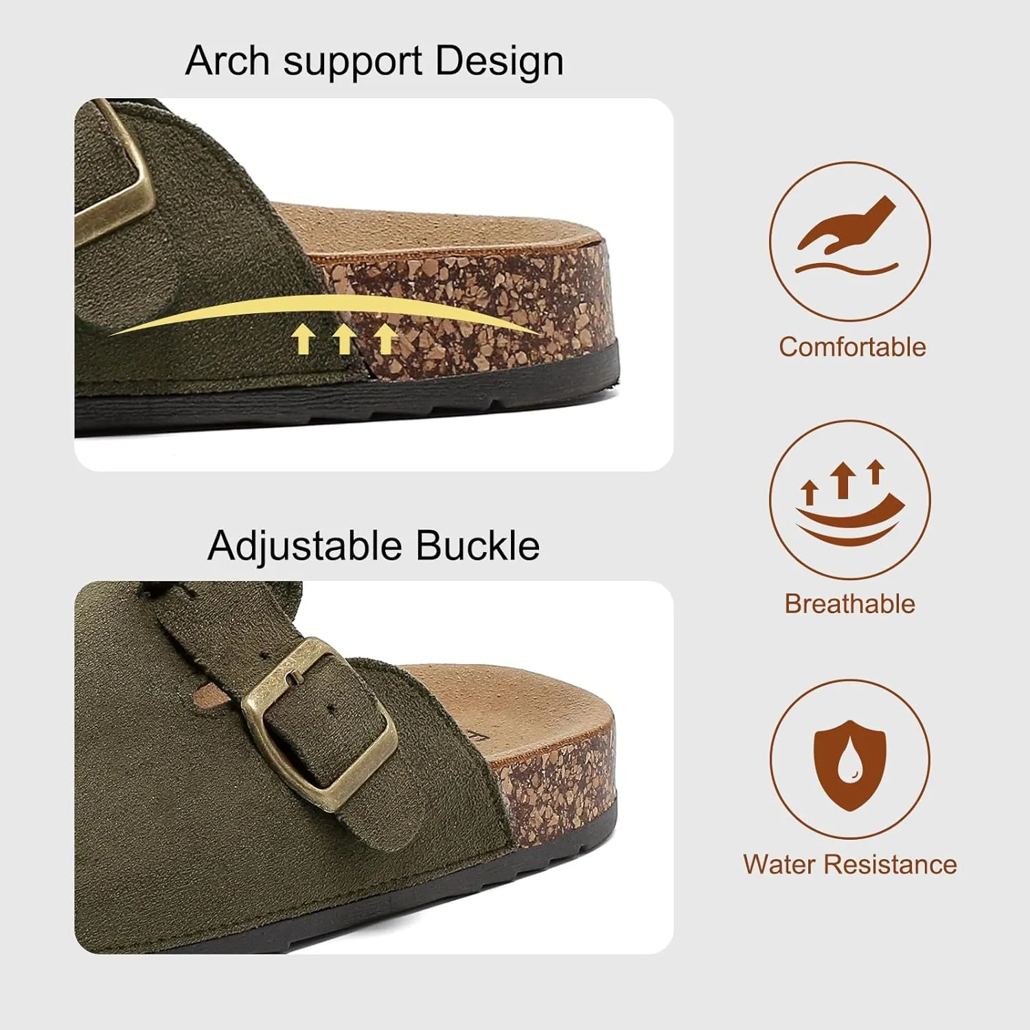 Women's Suede Clogs Mens Leather Mules Comfort Cork Footbed Sandals with Arch Support and Adjustable Buckle