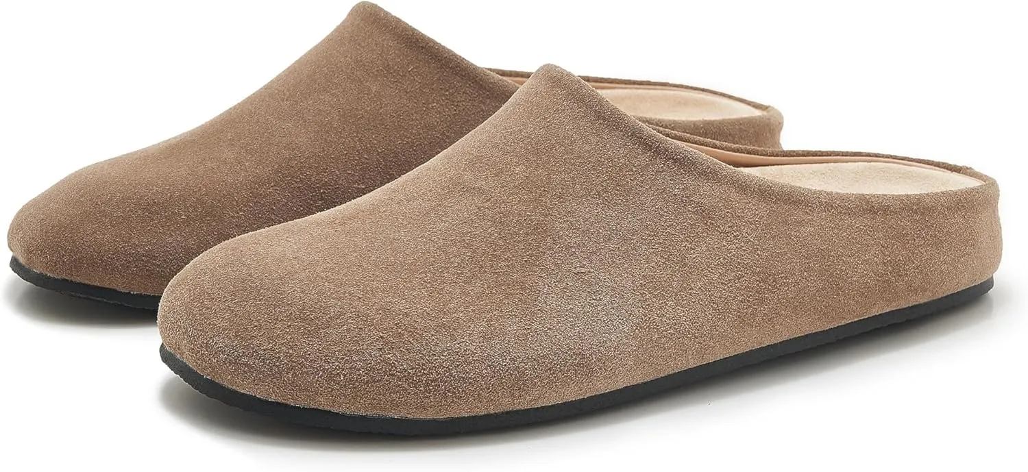 Women's Suede Clogs Round Toe Leather Mules Cork Footbed Clog with Arch Support Comfort Casual Slip-on Fall Shoes
