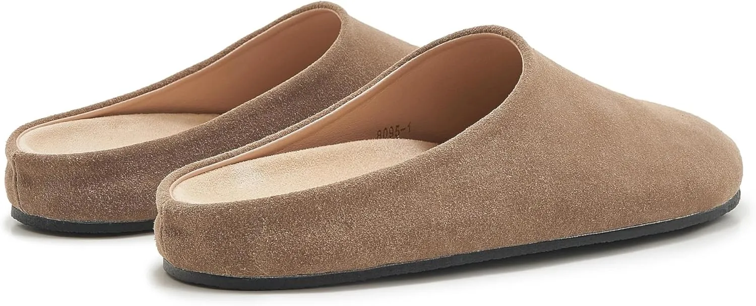 Women's Suede Clogs Round Toe Leather Mules Cork Footbed Clog with Arch Support Comfort Casual Slip-on Fall Shoes
