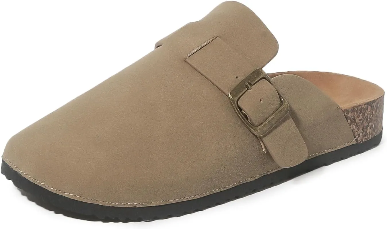 Women's Suede Clogs Soft Cork Footbed Leather Mules Comfort Potato Shoes, Classic Antislip Slippers Mules House Sandals Buckle