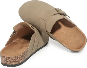 Women's Suede Clogs Soft Cork Footbed Leather Mules Comfort Potato Shoes, Classic Antislip Slippers Mules House Sandals Buckle