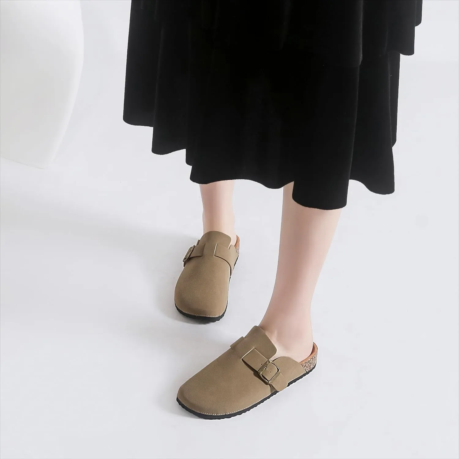 Women's Suede Clogs Soft Cork Footbed Leather Mules Comfort Potato Shoes, Classic Antislip Slippers Mules House Sandals Buckle