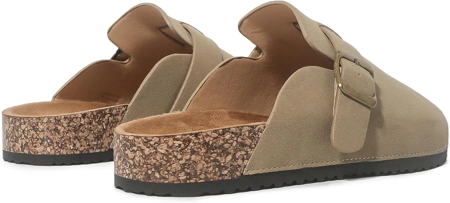 Women's Suede Clogs Soft Cork Footbed Leather Mules Comfort Potato Shoes, Classic Antislip Slippers Mules House Sandals Buckle