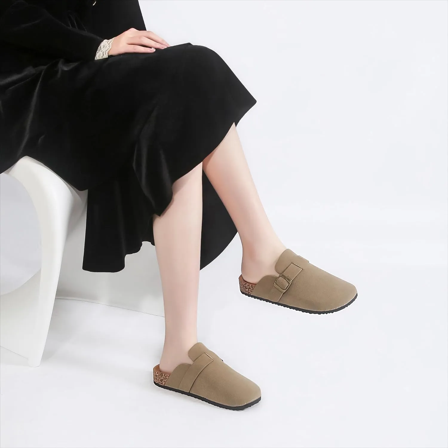 Women's Suede Clogs Soft Cork Footbed Leather Mules Comfort Potato Shoes, Classic Antislip Slippers Mules House Sandals Buckle